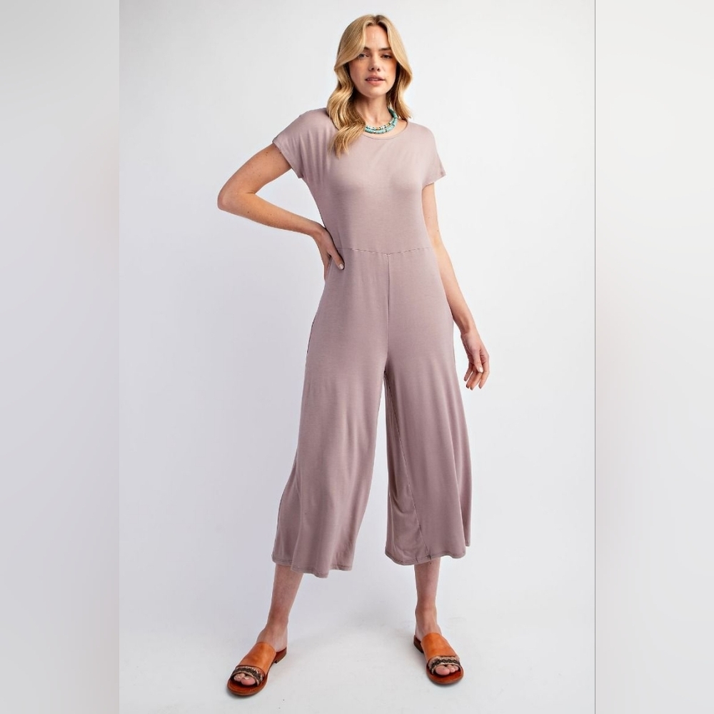 Easel Mauve Rayon Blend Short-Sleeve Cropped Wide Leg Flowy Jumpsuit w/ Pockets